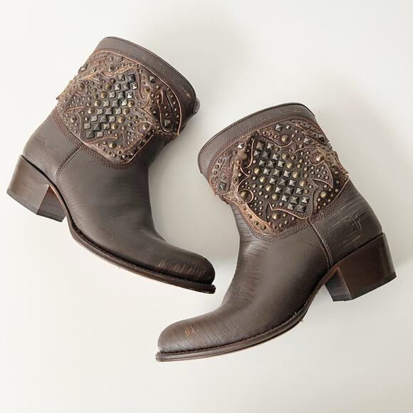 Frye Shoes - Frye Western Boots Ankle Booties Embellished Studded Cowgirl Cowboy Brown Size 8